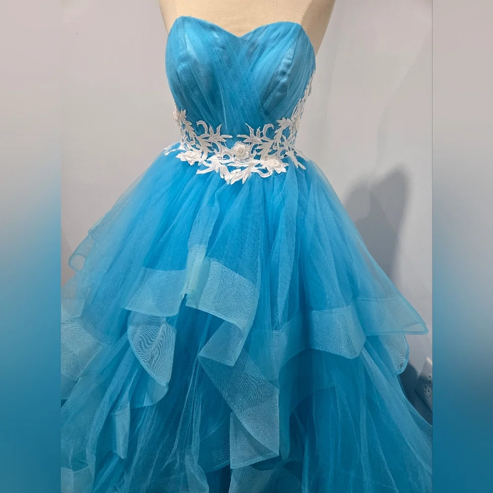 Mila Hoffman Custom Couture Ball Gown, Blue Topaz, White Floral Emroidered Waist - Picture 7 of 17